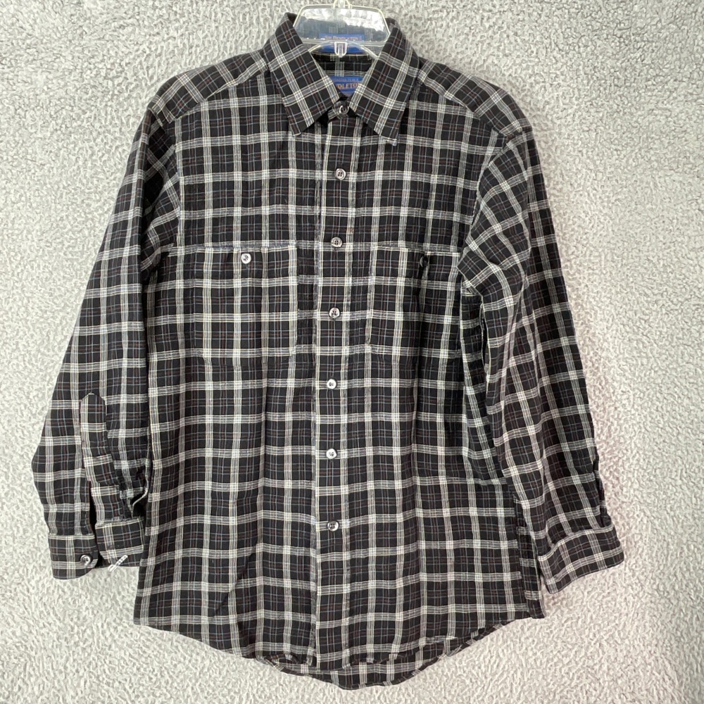 Pendleton Wool Flannel Shirt Mens Medium‎ Black Blue Plaid Long Sleeve Vintage